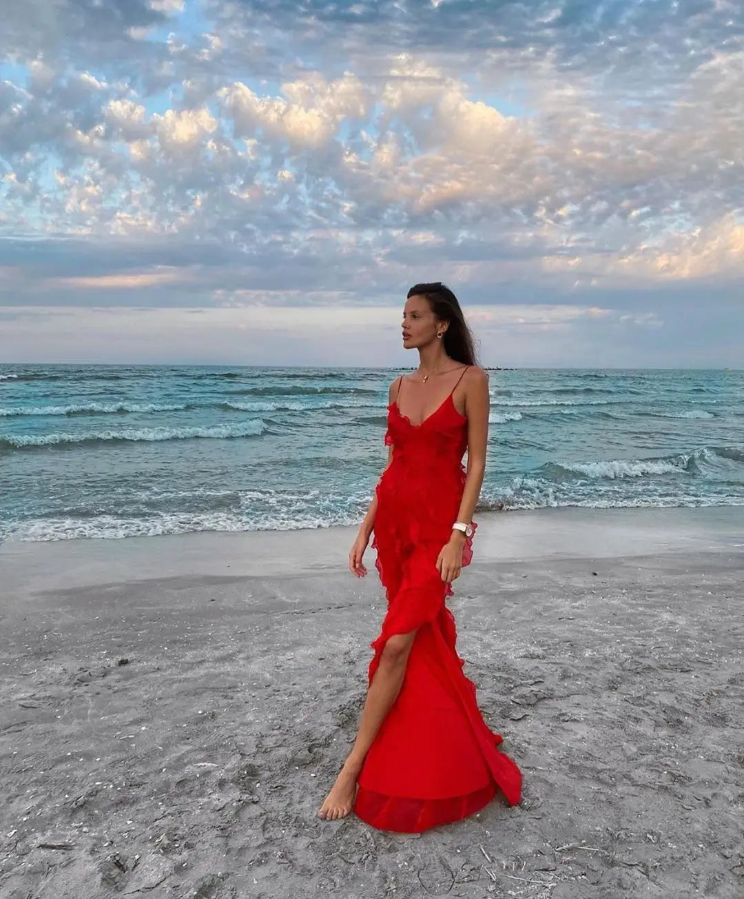 Elegant Red Chiffon Maxi Dress with Spaghetti Straps and Ruffles - Image 28