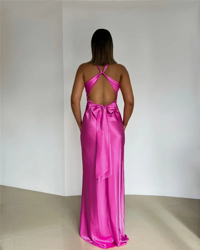 Satin Backless Maxi Dress - Elegant V Neck Evening Gown - Image 15