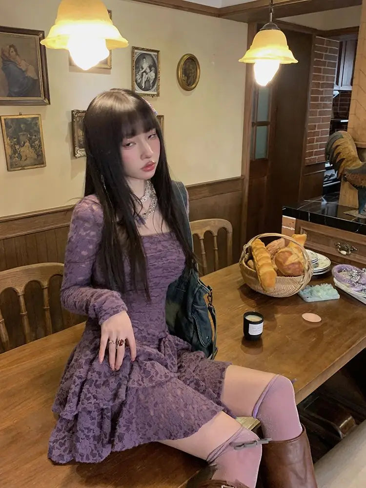 Square Collar Slim Waist Lace Casual Dress for Women - Image 8