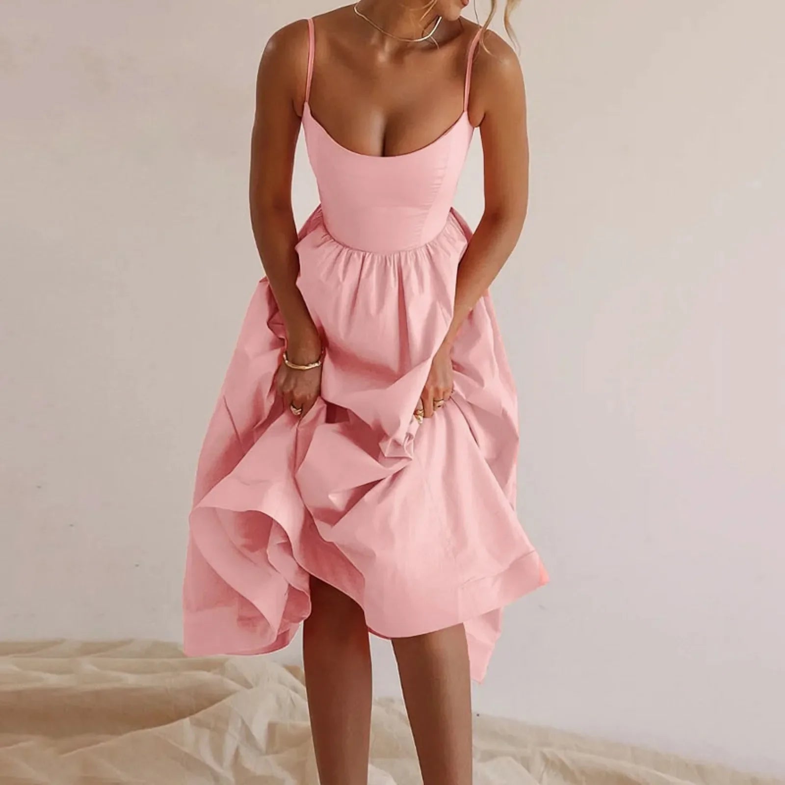 Elegant Pink Pleated Sleeveless Midi Dress for Women