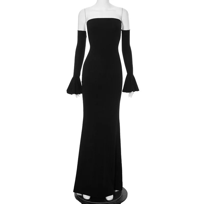 Black Slim Ruffled Backless Off-Shoulder Maxi Dress - Image 11