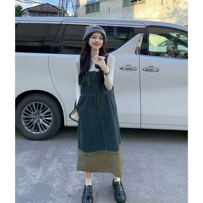 Retro Sleeveless Denim Dress with Irregular Color Patchwork - Image 3