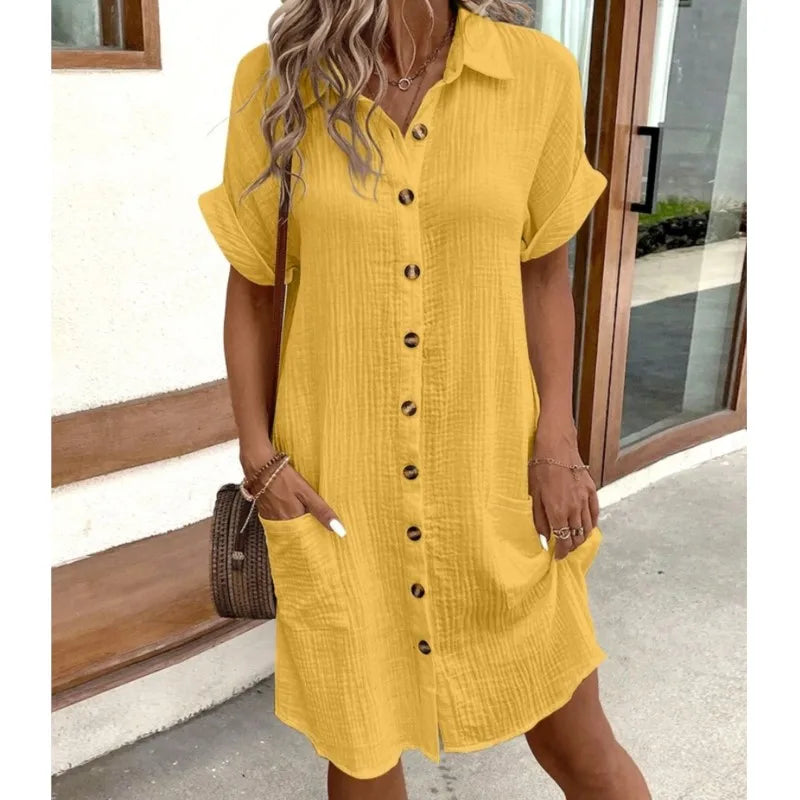 Casual Loose Short Sleeve Button-Up Dress with Pockets - Image 7
