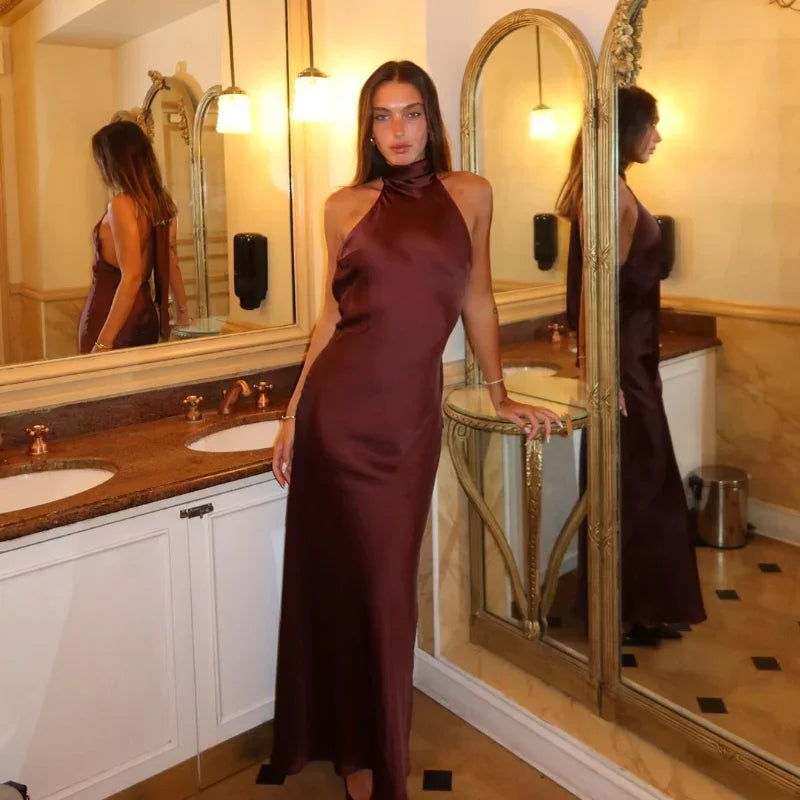 Elegant Brown Halter Lace-Up Backless Bodycon Dress - Image 22