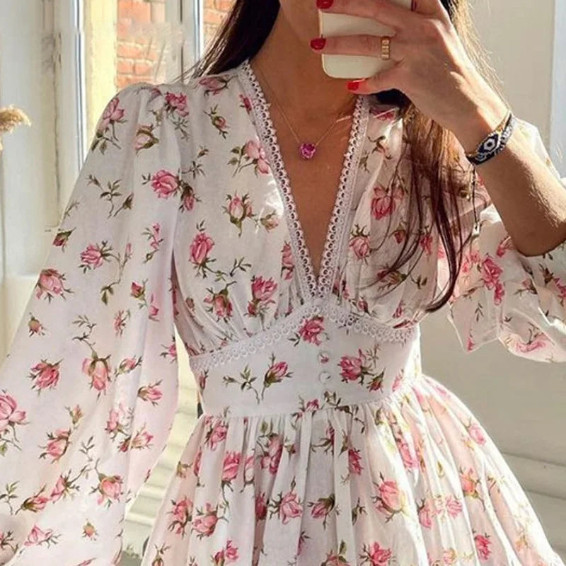 Floral Print Summer Mini Dress with Ruffles & V-Neck - Image 5