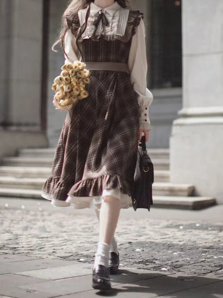 Women’s Vintage Plaid Two-Piece Dress - Slim Fit Winter Fashion - Image 4