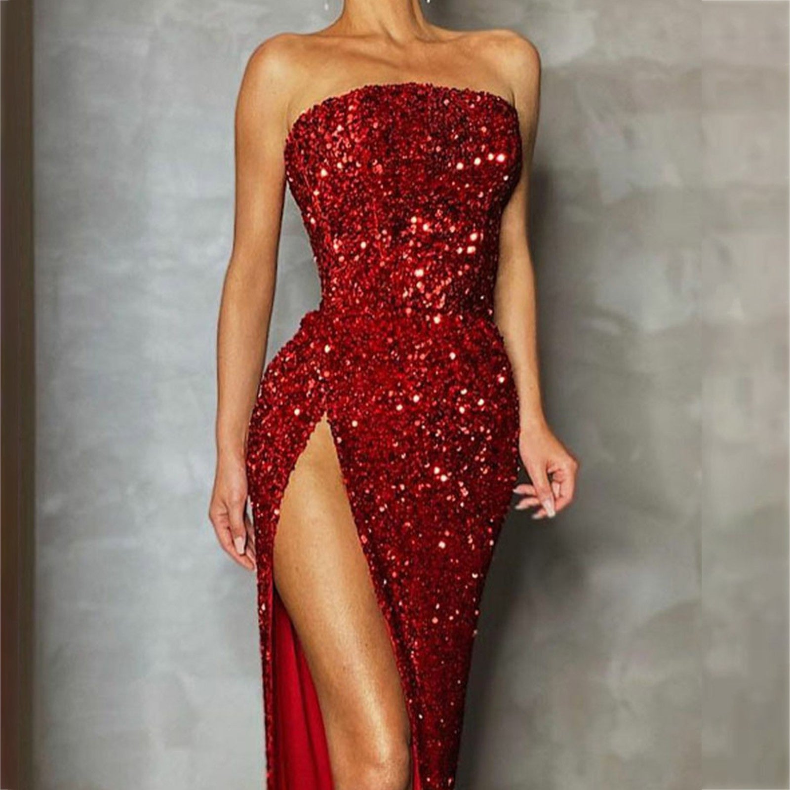 Elegant Off-Shoulder Red Sequin High Slit Evening Dress - Image 15