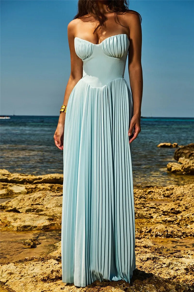 Chic Off-Shoulder Backless Pleated Maxi Dress for Women - Image 11