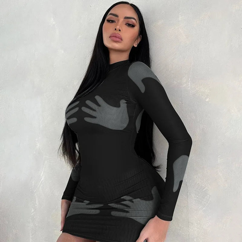 Trendy Women's Printed High Collar Long Sleeve Dress - Image 2