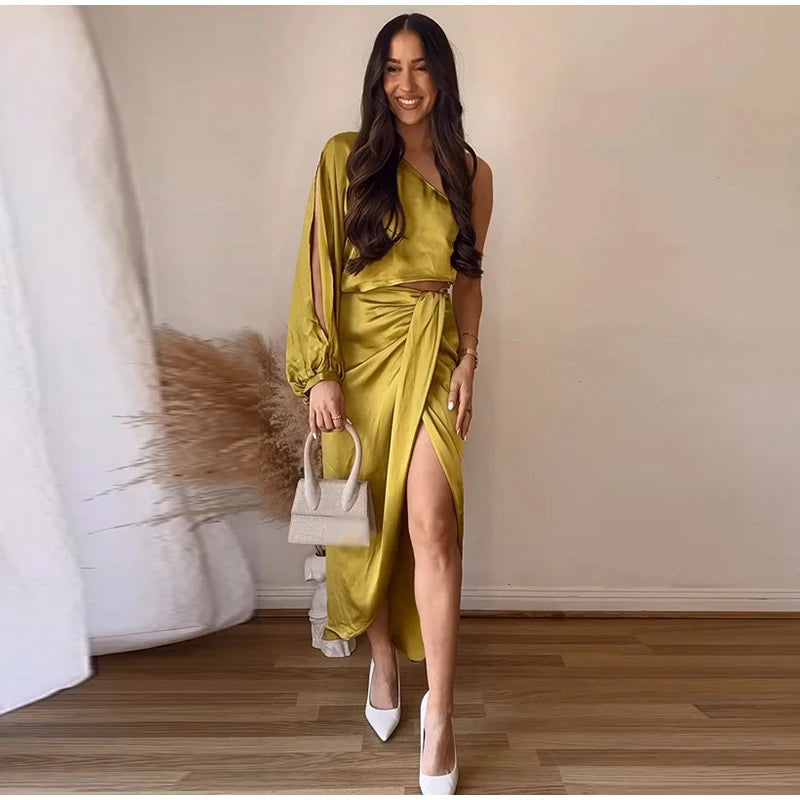 One Shoulder Asymmetrical Satin Long Dress for Women - Image 24