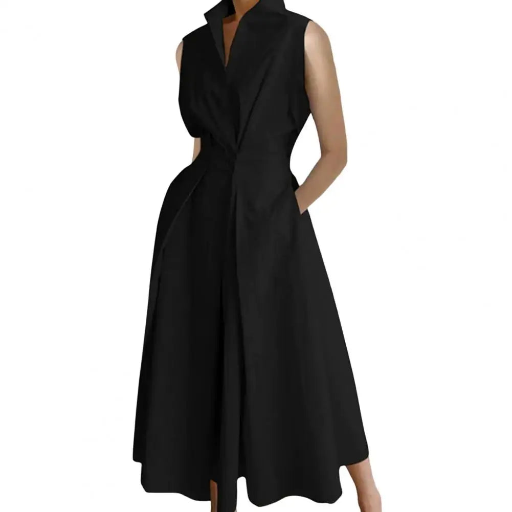 Elegant A-Line Midi Dress with Lapel Button Detail - Image 6