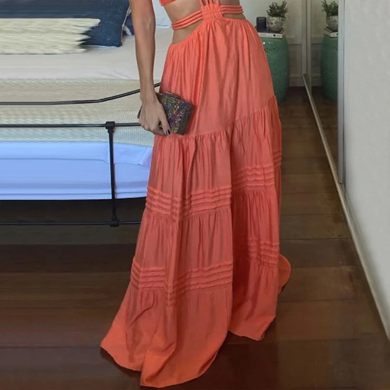 Summer Backless Hollow Out Pleated Maxi Dress for Women - Image 11