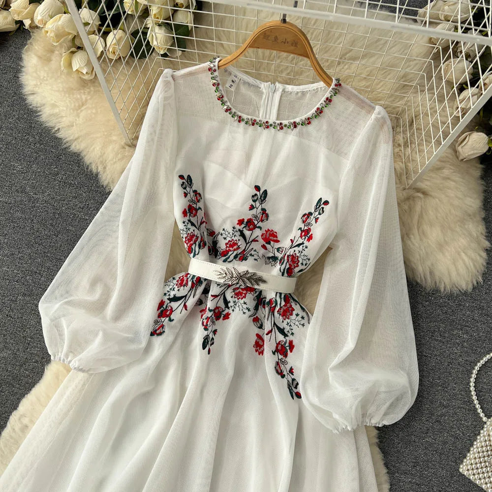 Elegant Beaded Mesh Long Dress with Puff Sleeves - Image 29