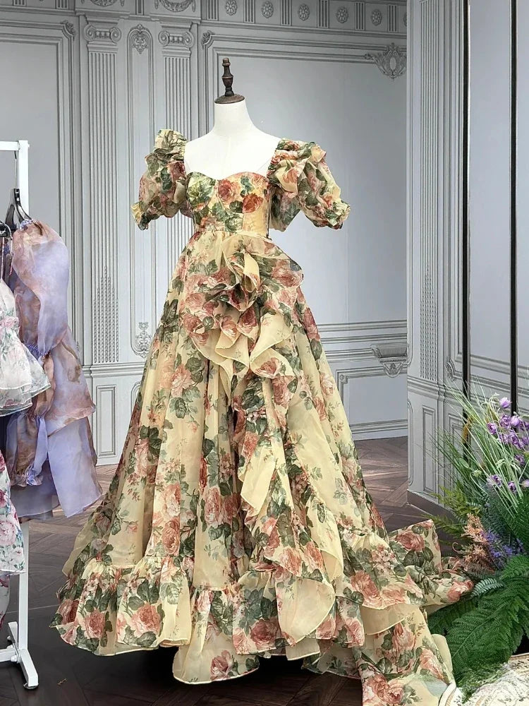 Elegant Puff Sleeve Floral Evening Dress for Women - Image 6