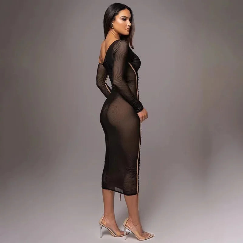 Elegant One-Shoulder Mesh Bodycon Dress for Evening Parties - Image 7