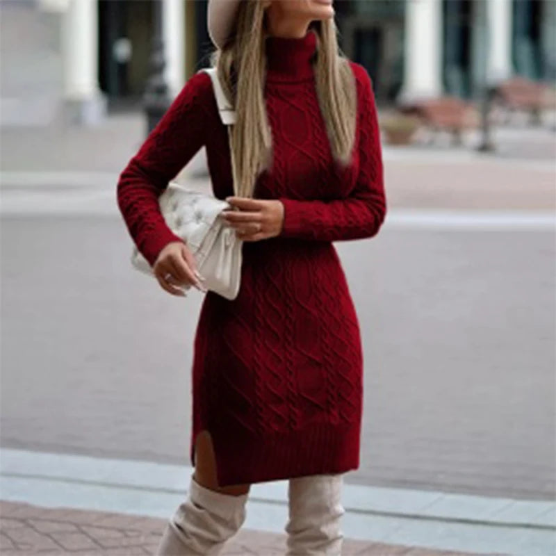 Cozy High Neck Slim Fit Knitted Wool Mini Dress - Image 12