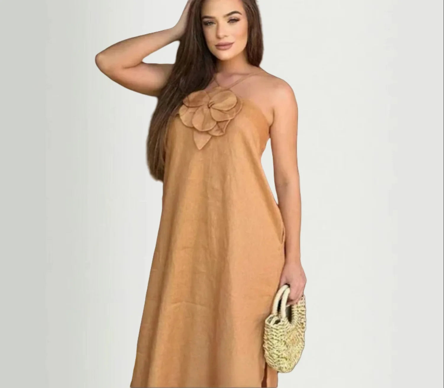 Elegant Cotton Linen Split Maxi Dress with 3D Flowers - Image 5