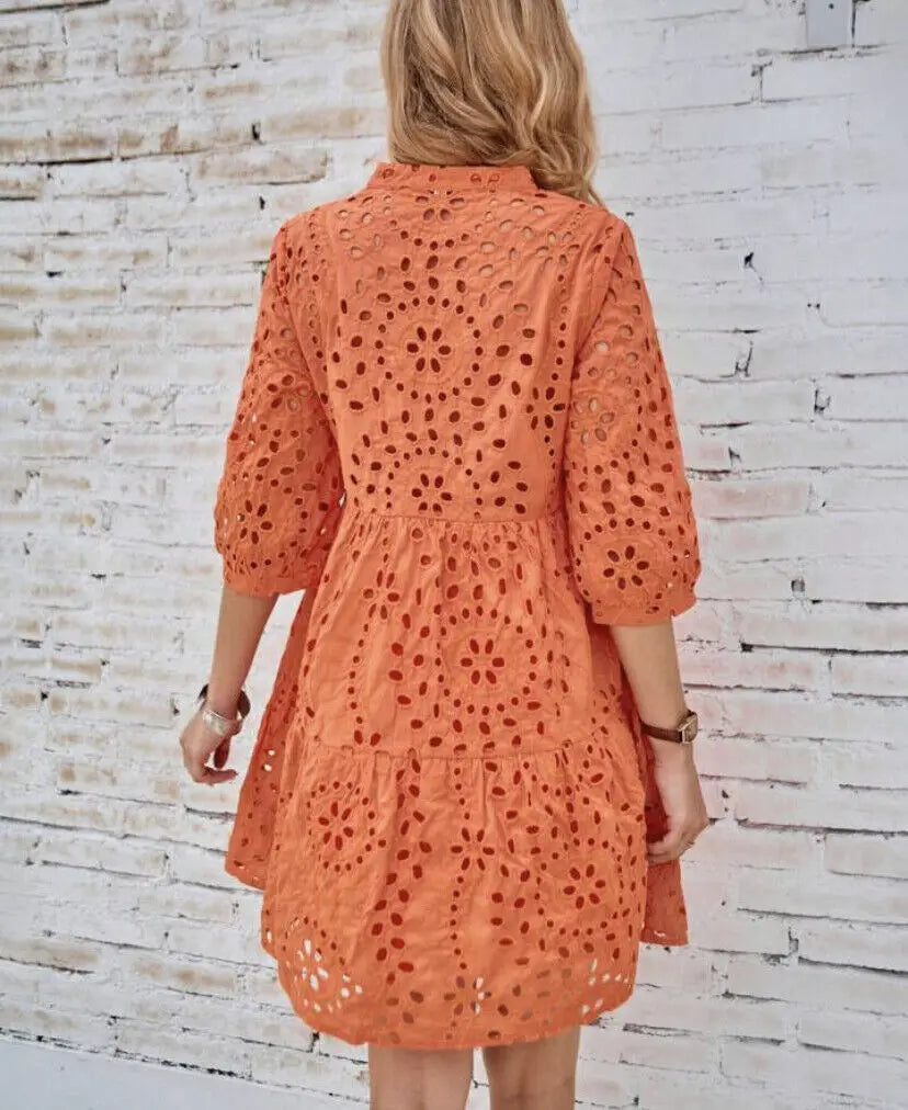 Elegant Hollow Out 7-Point Sleeve Casual Dress for Women - Image 20