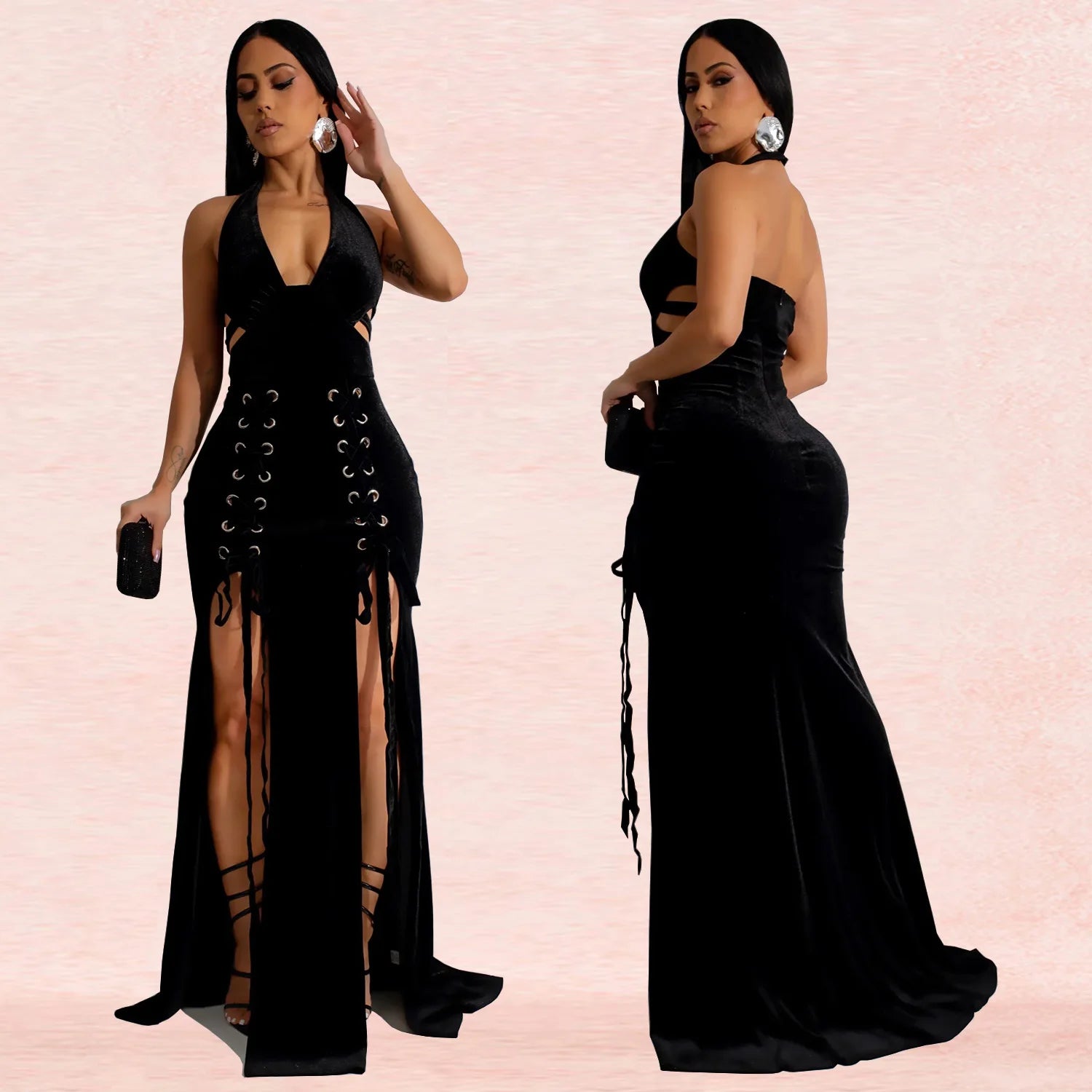 Elegant Velvet V Neck Bodycon Maxi Dress for Parties - Image 5