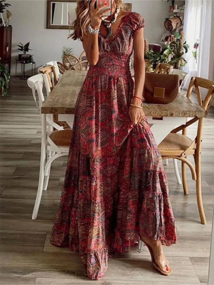 Floral Print A-line Bohemian Dress with Petal Sleeves - Image 8