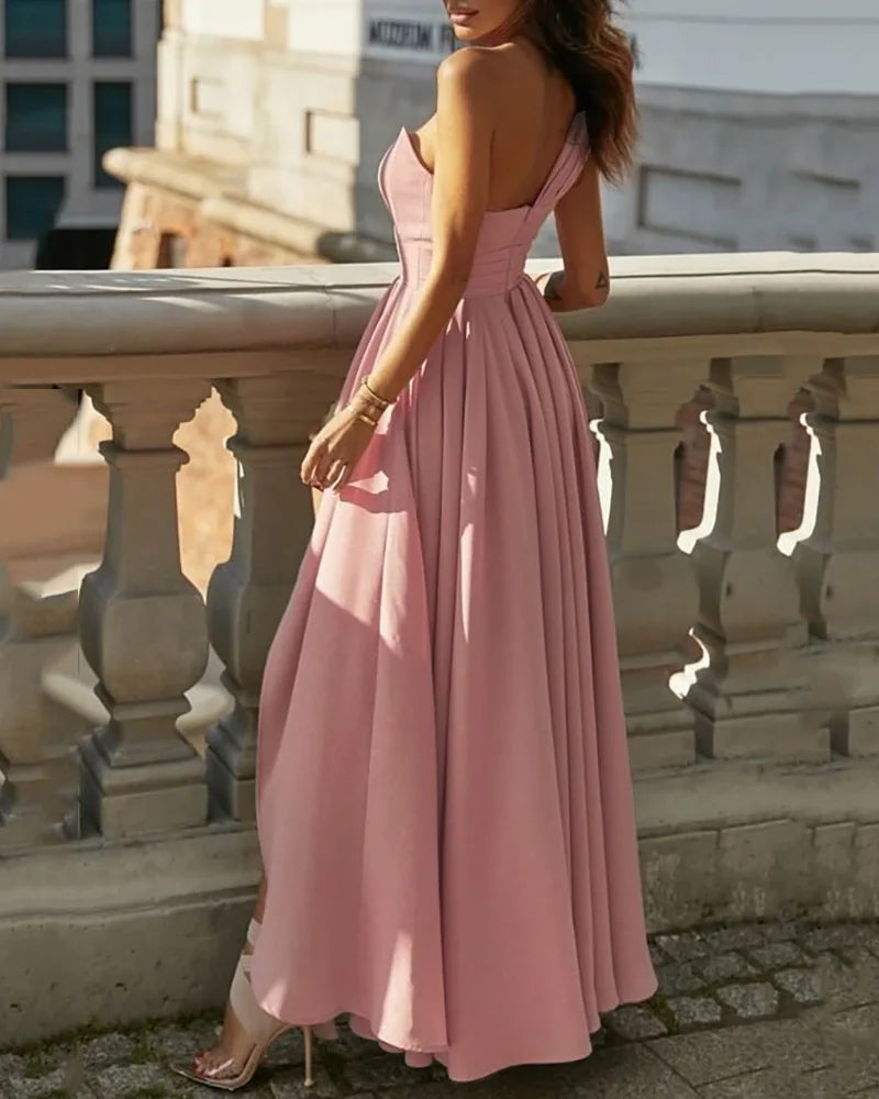 Elegant One-Shoulder Ruched Asymmetrical Maxi Dress for Women - Image 10