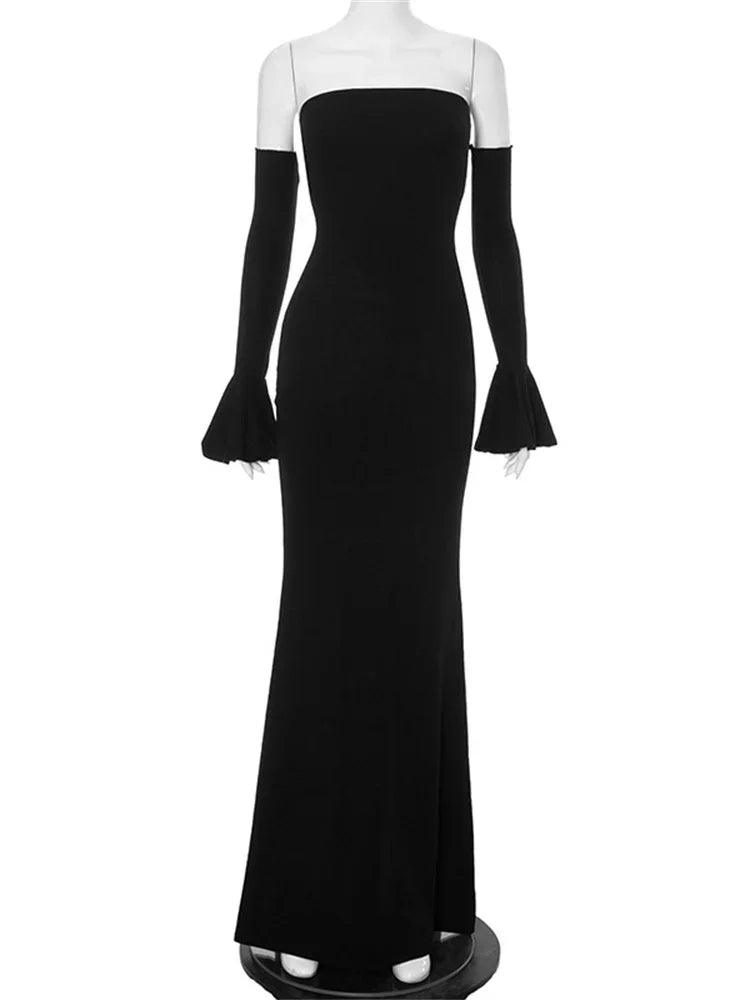 Black Slim Ruffled Backless Off-Shoulder Maxi Dress - Image 5
