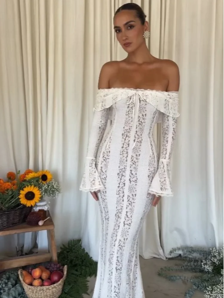 Elegant White Floral Lace Off-Shoulder Maxi Dress for Women - Image 3