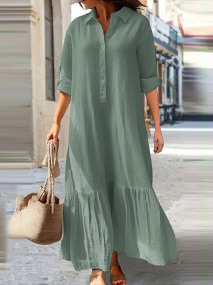 Women's Casual Cotton Linen Long Sleeve Ruffled Dress - Image 5