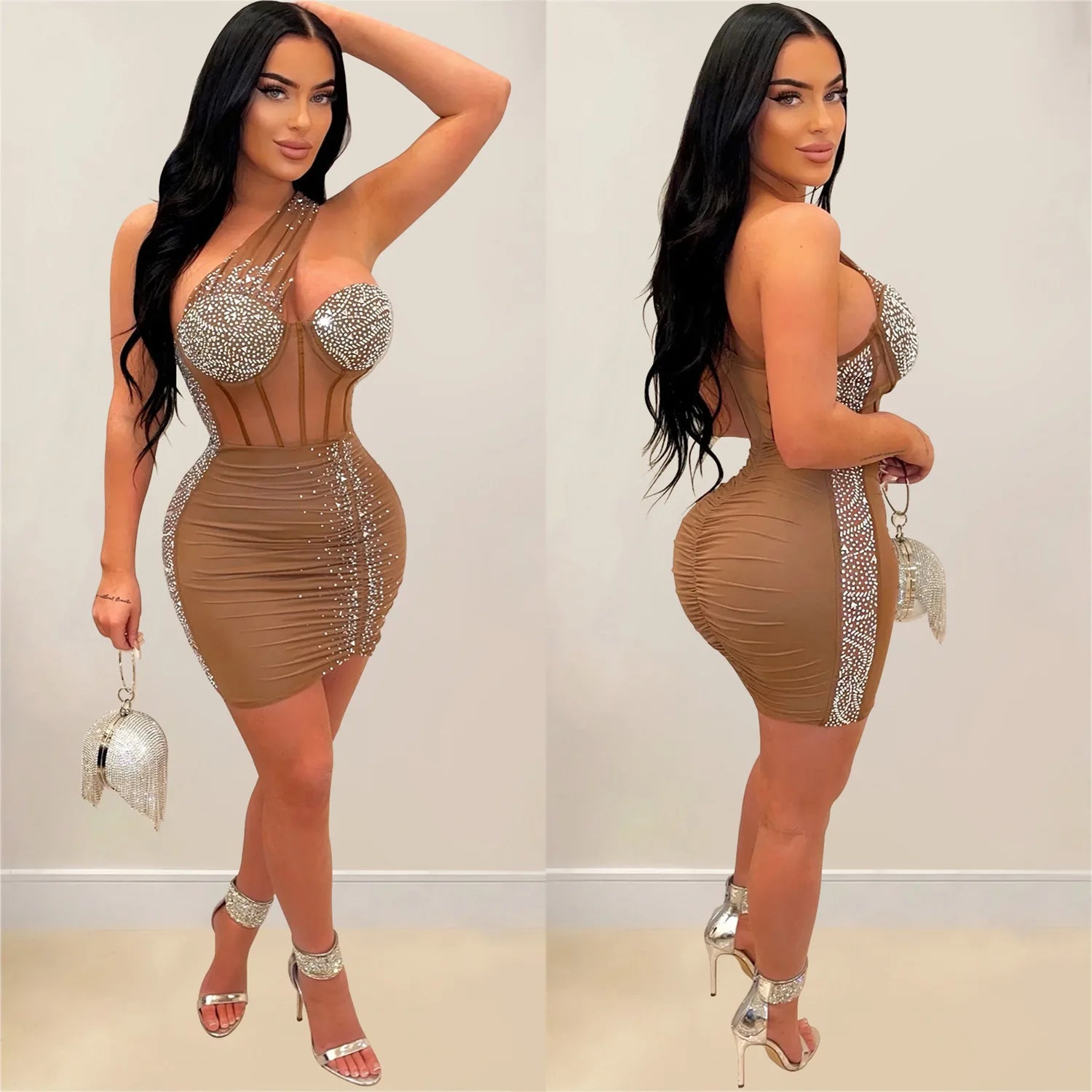 Sheer Rhinestone Mesh Mini Dress for Effortless Party Elegance - Image 4