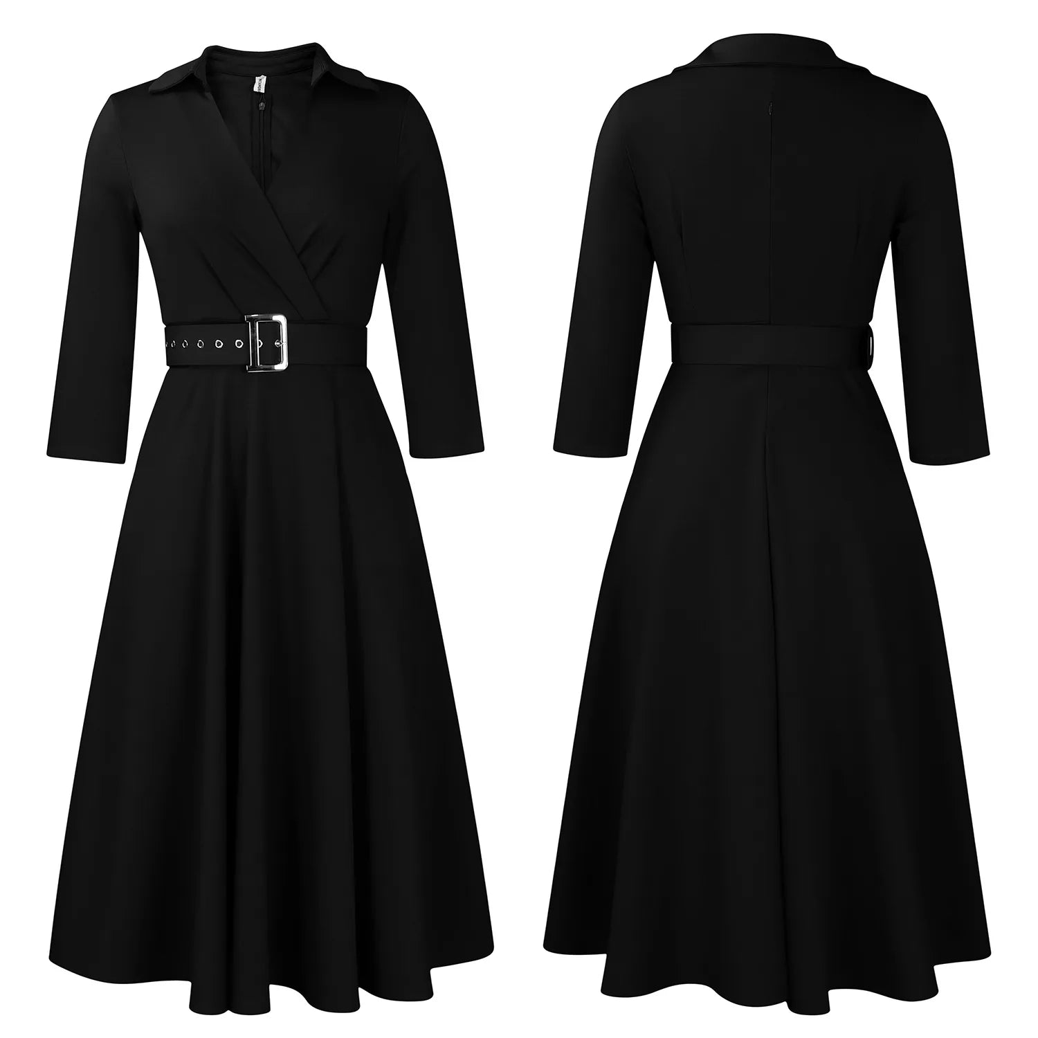 Chic Women's Autumn Lapel Solid Color Swing Dress - Image 61