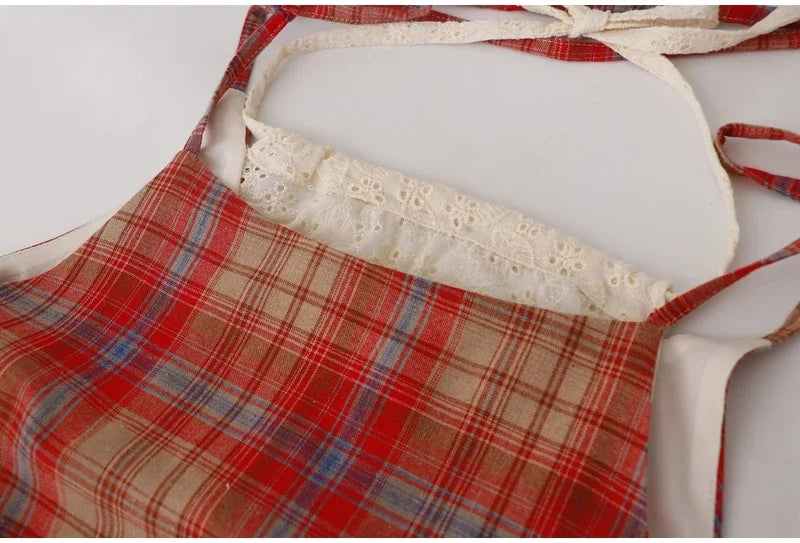 Retro Backless Plaid Lace Suspender Dress for Women - Image 4