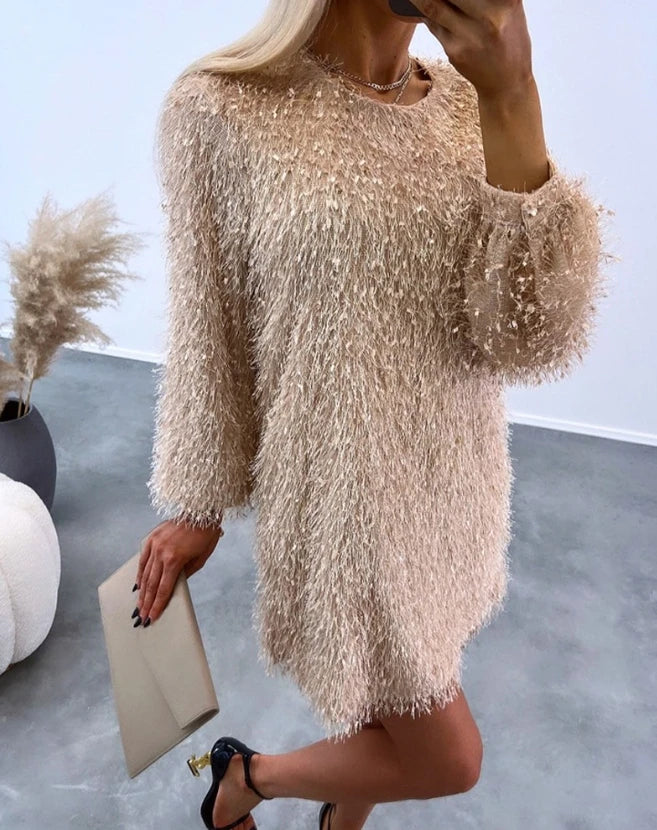 Chic Winter Women's Loose Fluffy Dress with Long Sleeves - Image 4