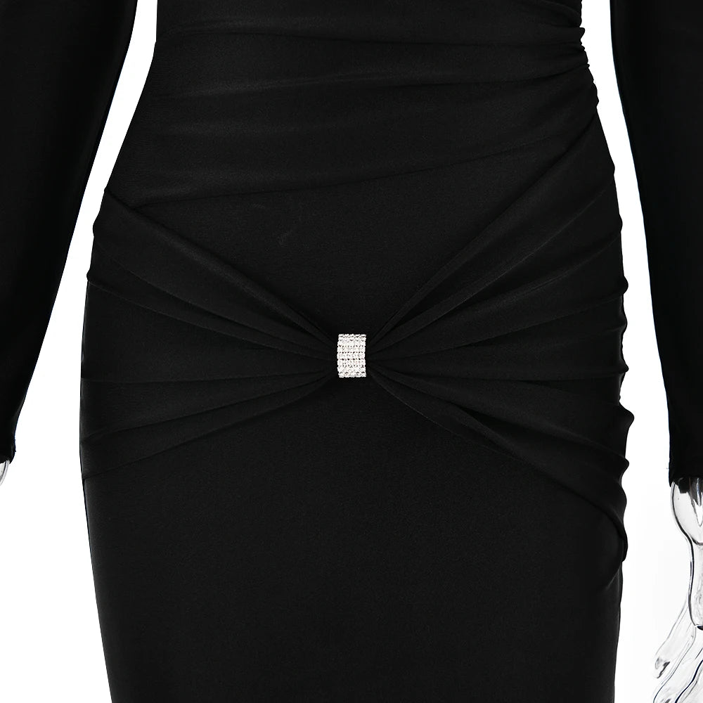Elegant Hollow Out Long Sleeve Pleated Evening Dress - Image 16