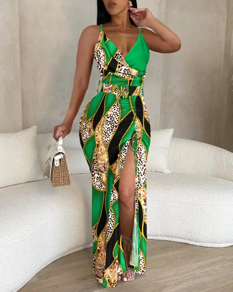 Trendy V-Neck Strap Dress with Split and Drawstring - Image 7