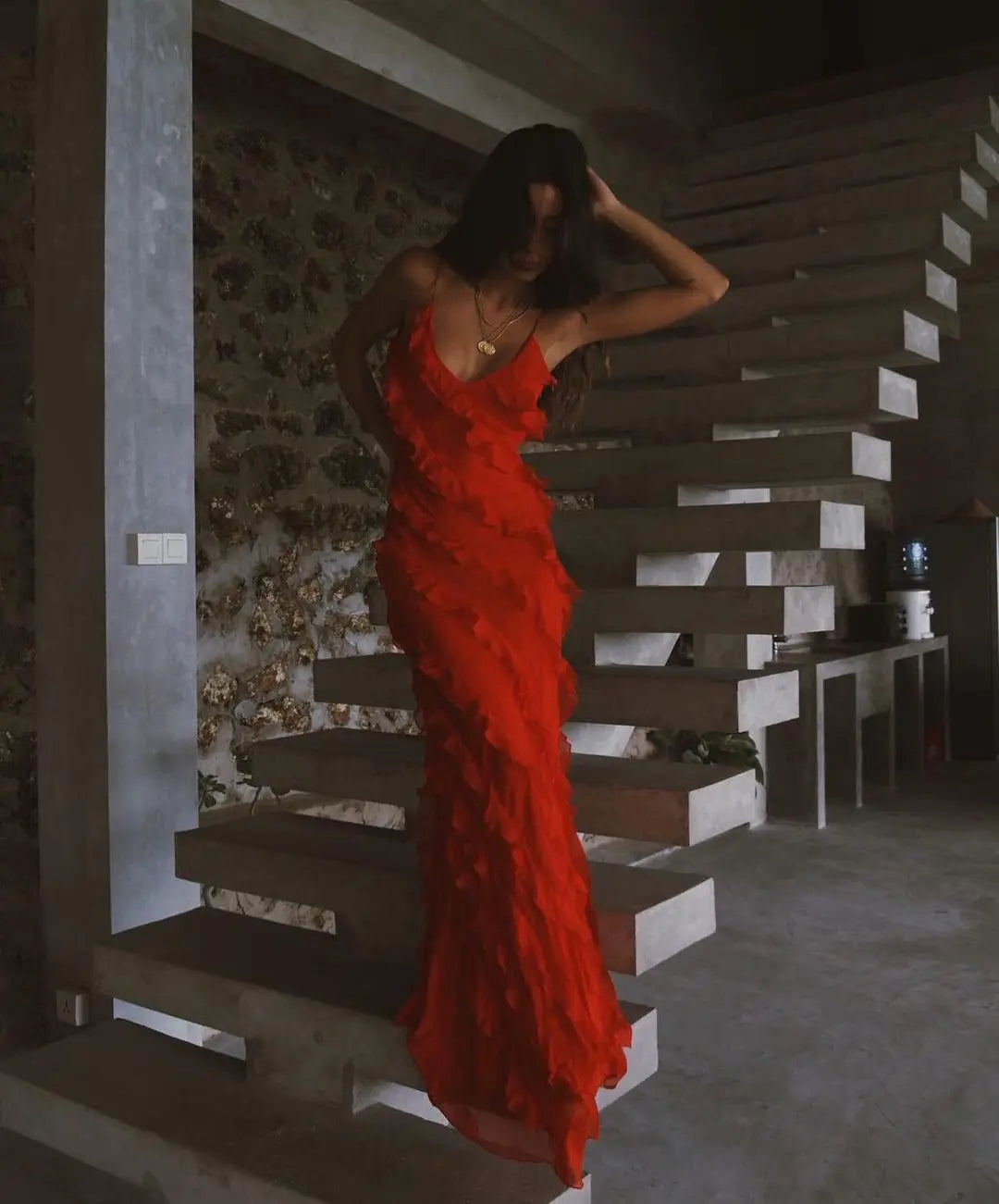 Elegant Red Chiffon Maxi Dress with Spaghetti Straps and Ruffles - Image 32