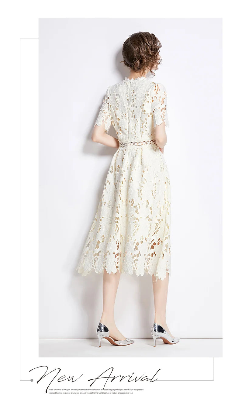 Elegant Embroidered Lace Hollow Out Short Sleeve Dress - Image 12