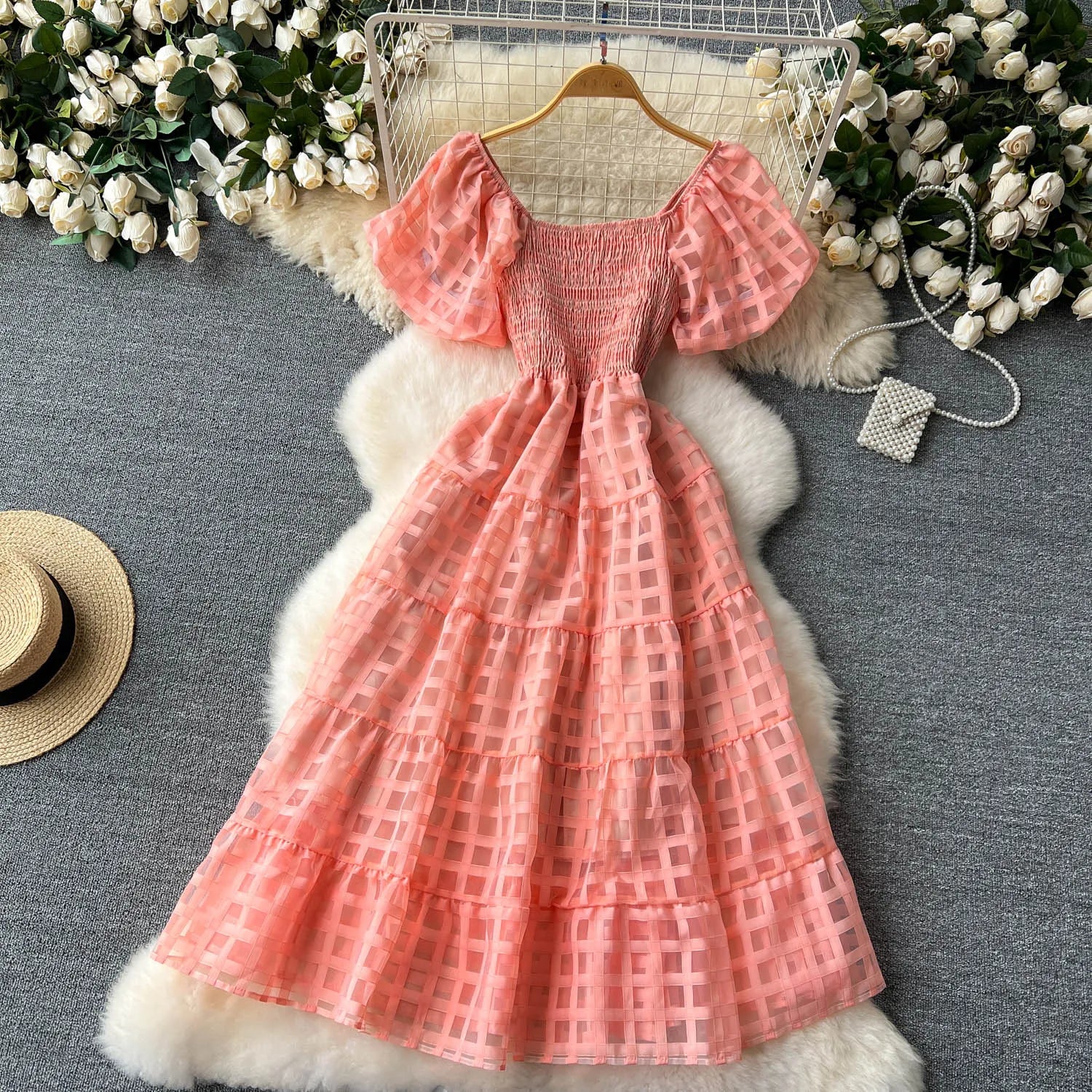 French Vintage Square Collar Puff Sleeve Summer Dress - Image 44