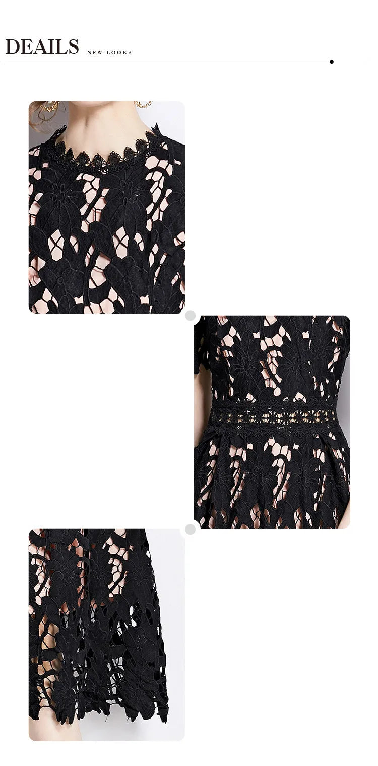 Elegant Embroidered Lace Hollow Out Short Sleeve Dress - Image 23