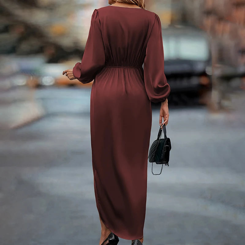 Elegant Women’s Satin Maxi Dress – V-Neck Long Sleeve - Image 15