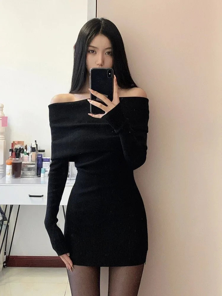Off Shoulder Slim Waist Solid Tunic Dress for Women - Image 3