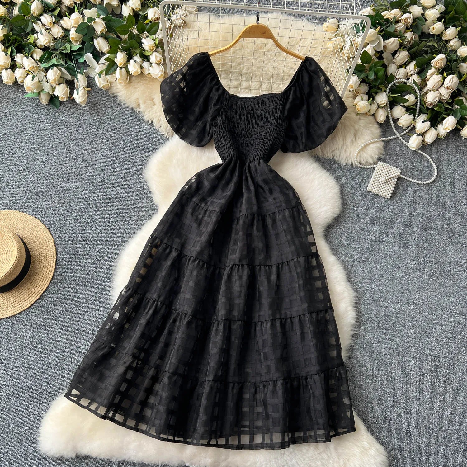French Vintage Square Collar Puff Sleeve Summer Dress - Image 48