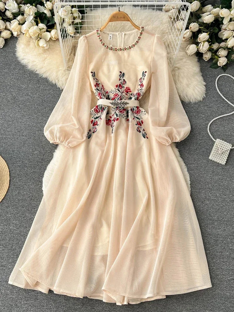Elegant Beaded Mesh Long Dress with Puff Sleeves