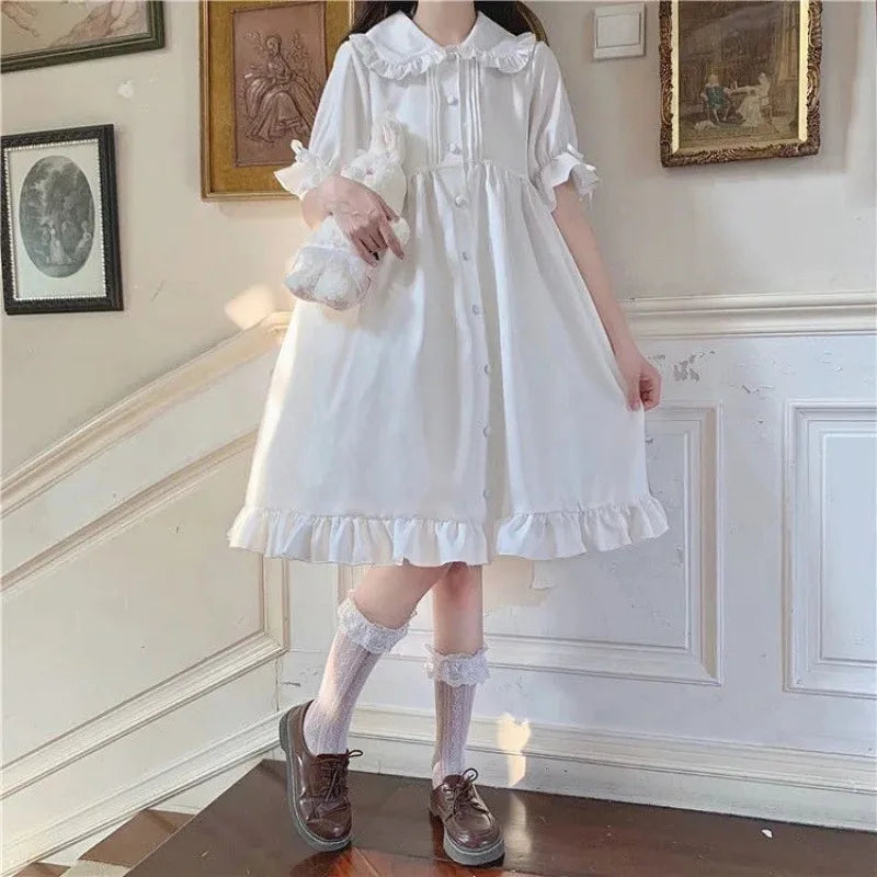 Women's Kawaii White Puff Sleeve Midi Dress - Image 4