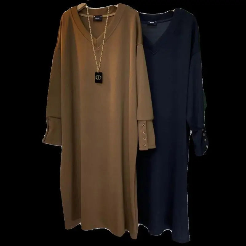 Plus Size Casual V-Neck Long Dress for Autumn & Winter - Image 3