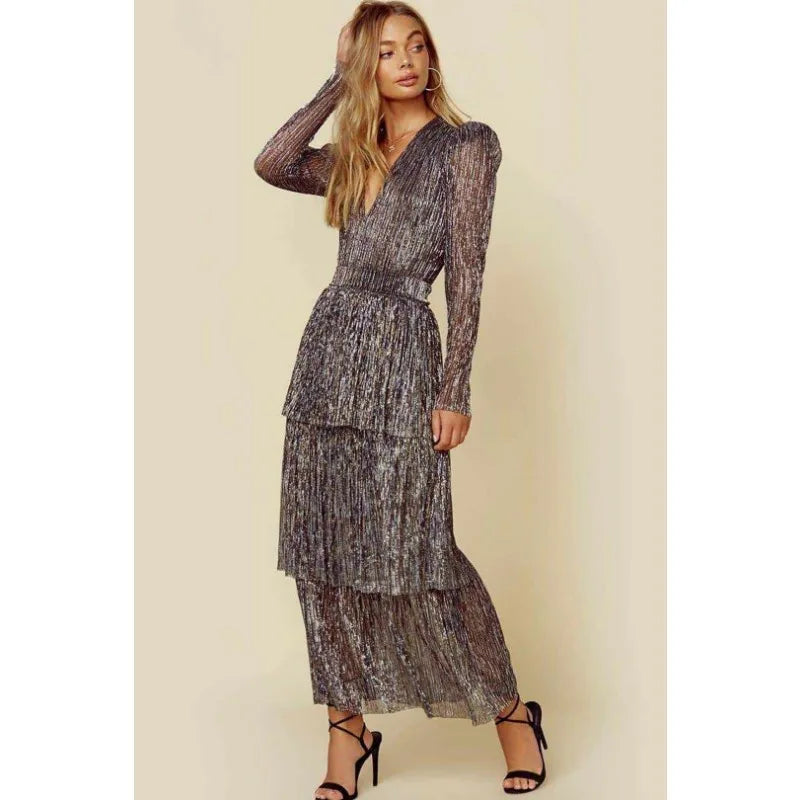 Elegant High Waist Pleated V-Neck Puff Sleeve Dress - Image 5