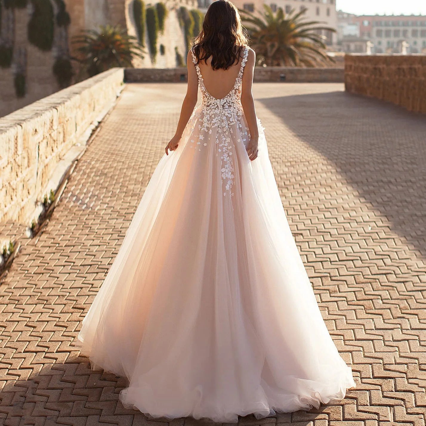 Elegant Sleeveless Deep V-Neck Lace Wedding Dress - Image 5