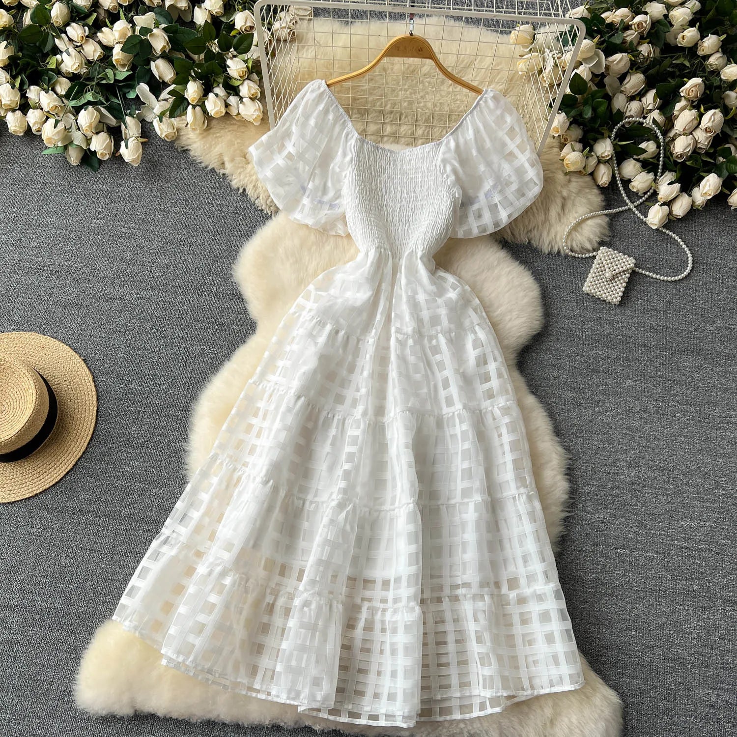 French Vintage Square Collar Puff Sleeve Summer Dress - Image 46