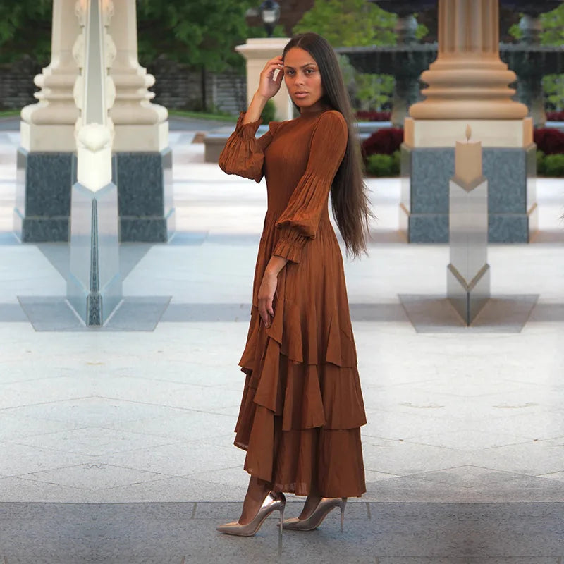Elegant Lantern Sleeve Dress with Lotus Edge Skirt - Image 8