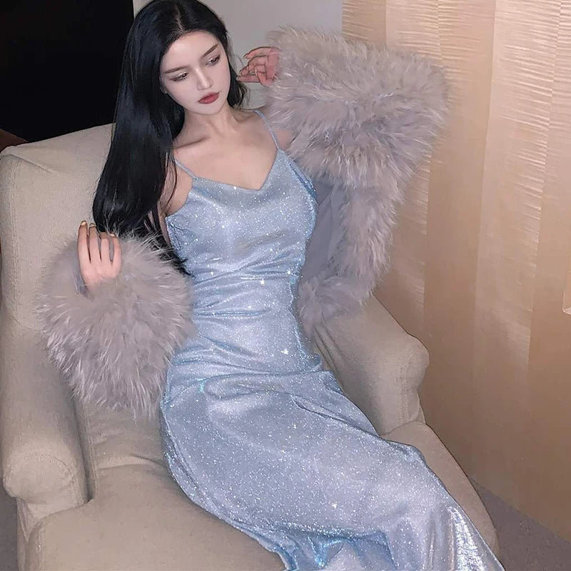 Elegant V-Neck Sparkly Spaghetti Strap Evening Dress