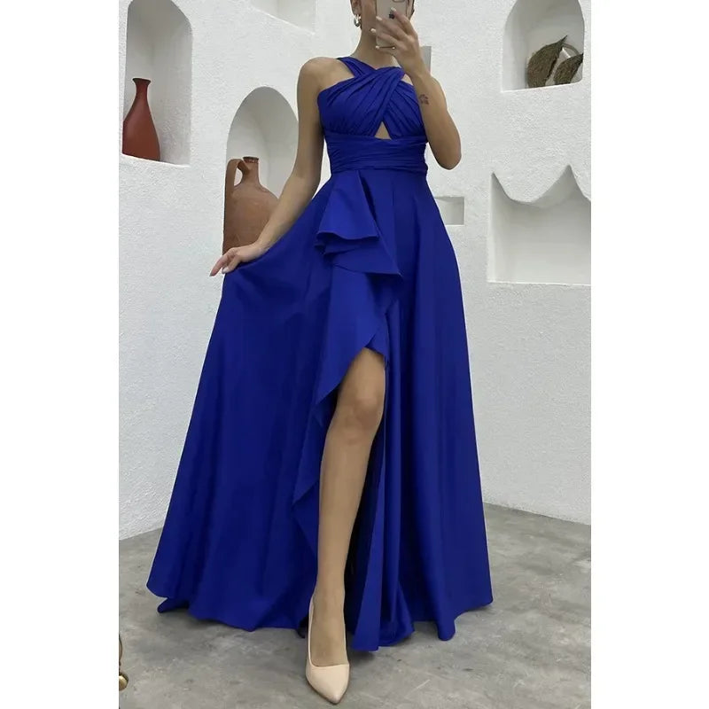 Elegant Sleeveless High Waist Ruffle Slit Evening Dress - Image 4